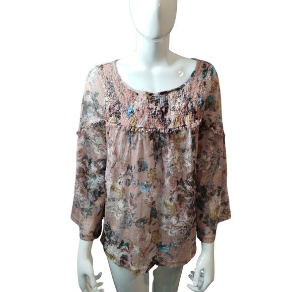 Anthropologie AKEMI+KIN Women's size M Floral Smocked Ruffle Bell Lacey Top - Picture 5 of 10